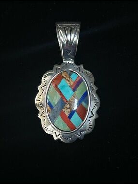 Shube Sterling Silver Navajo Mosaic Inlay Oval Pendant, #20786, 24g.